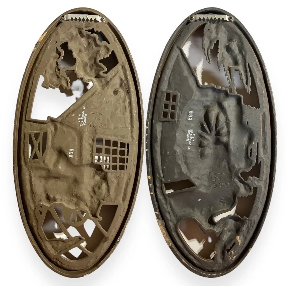Vintage 1965 Burwood Wall Plaques Oval Cabin Farm Water Wheel USA LOT of 2 Decor